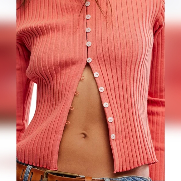 New Free People Tilly Long-Sleeve Cardi Blouse Top Knit Ribbed Buttondown - Picture 3 of 5